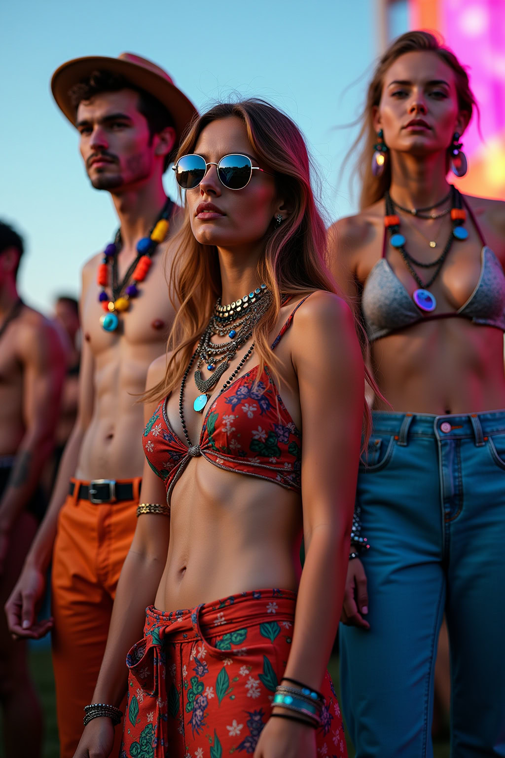 Sommerfestival Mode mit stilvollen Menschen in bunter Kleidung und Accessoires.