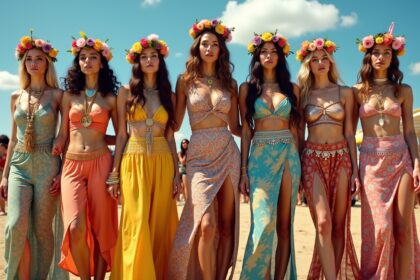 Farbenfrohe Frauen mit Blumenkränzen am Strand, Sommermode, Modefotos, Frauen in bunten Outfits, Sommertrend 2023.