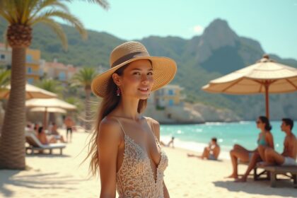 Sommerliches Strandfoto mit stilvoller Frau in Sonnenhut und Bademode bei FHM Online Magazin.