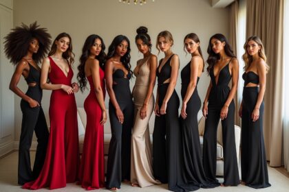 Vibrante Modenschau mit stilvollen Frauen in eleganten Abendkleidern bei FHM Online.