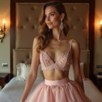 Elegante Frau in pastellrosa Kleid und Schmuck vor luxuriösem Bett, Modenschau, Promi-Style.