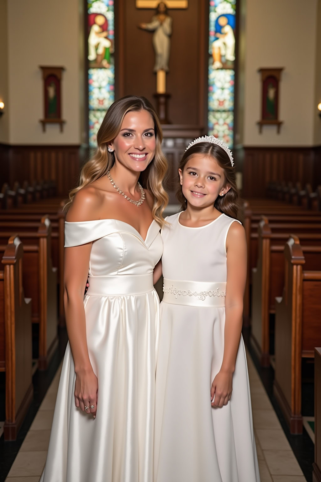 Hochzeit: Frau mit Brautjungfer in weißem Kleid in Kirche, feierliche Stimmung, christliche Zeremonie.