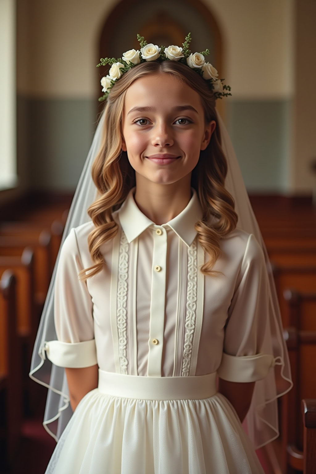 Hochzeitsmädchen in eleganter Brautkleidung mit Blumenkranz, glückliche Stimmung bei Trauung.