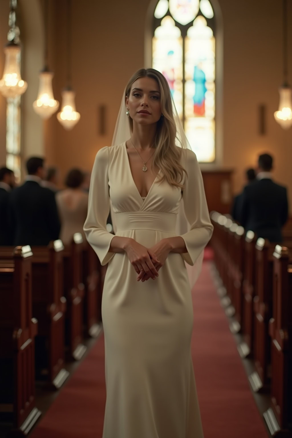 Bridal woman in wedding dress in church wedding ceremony smiling.