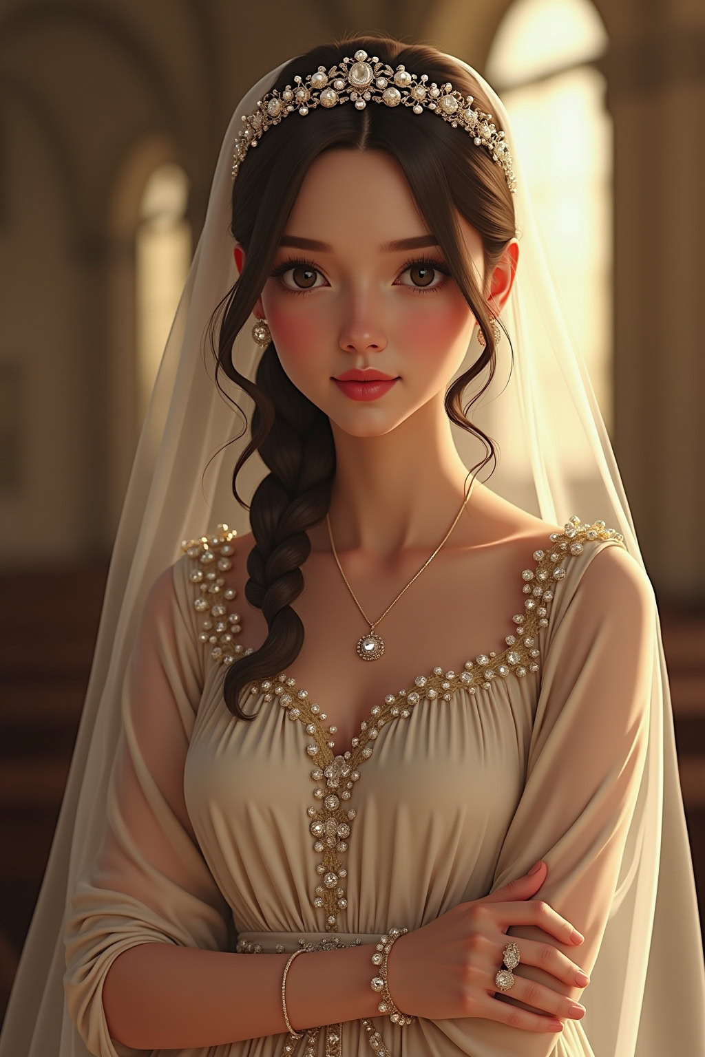 Elegante junge Frau in Schmuck und Hochzeitstag look, elegant und stilvoll.