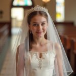 Strahlendes Brautporträt in der Kirche, elegante Hochzeitskleidung, Freude und Liebe vor der Trauung.