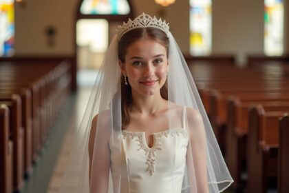 Strahlendes Brautporträt in der Kirche, elegante Hochzeitskleidung, Freude und Liebe vor der Trauung.