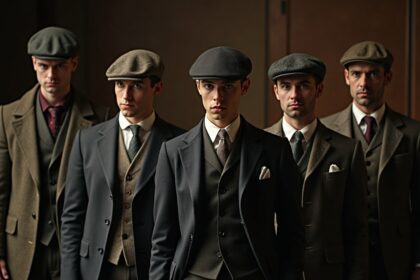 Stilvolle Männer in Anzügen mit Hüten, elegante Outfits im Vintage-Look, Mode-Statement für Männer.