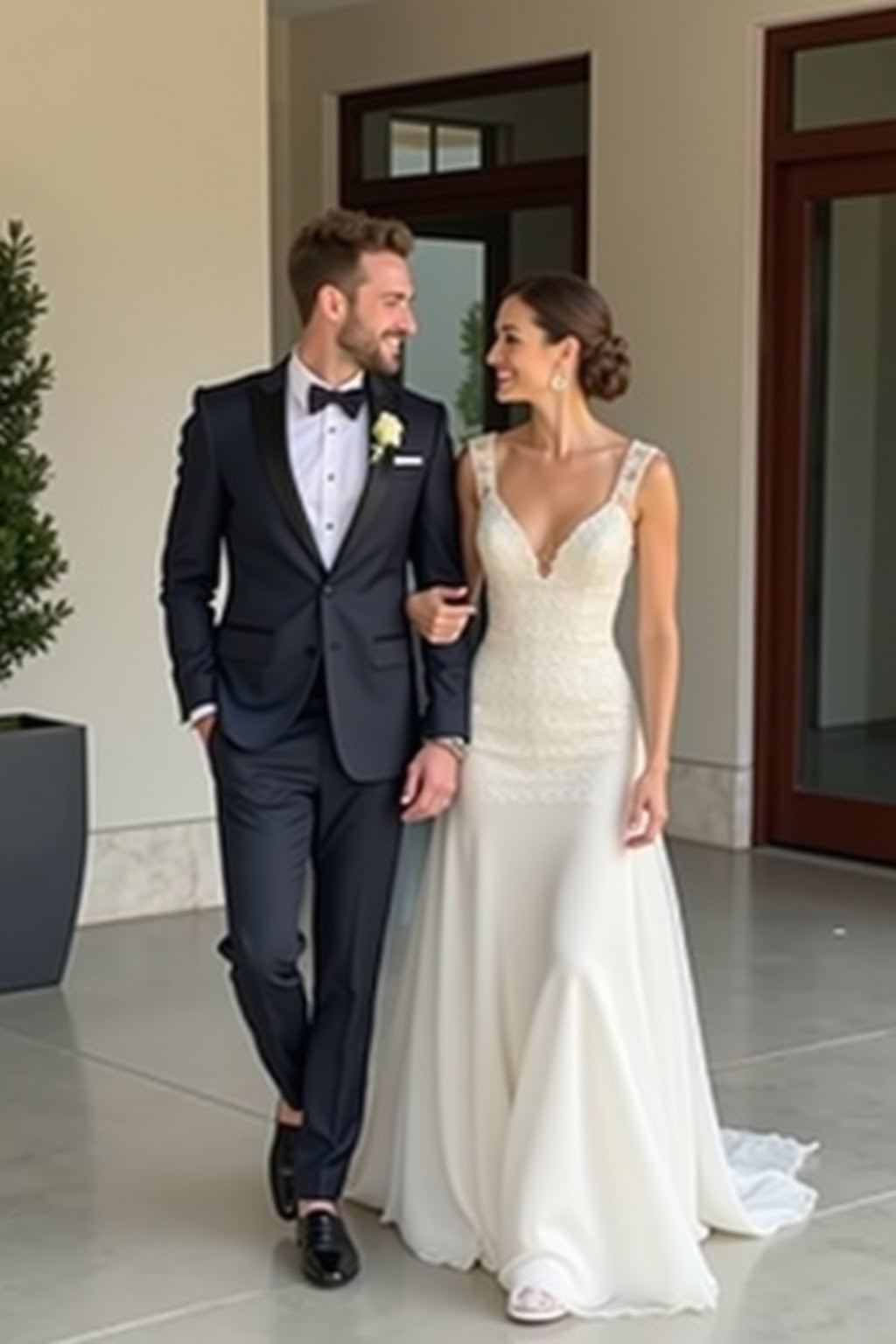 Kleines Hochzeitsfoto von frisch vermählten Paar in eleganter Festkleidung, glückliches Brautpaar bei der Hochzeit.