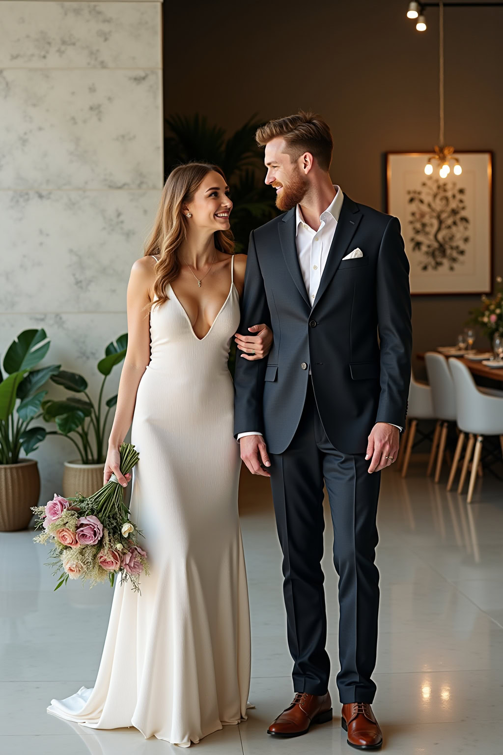 Traummässiges Hochzeitspaar mit Brautkleid und Anzug, liebevolle Stimmung, moderne Hochzeitslocation, Hochzeitsfotografie.