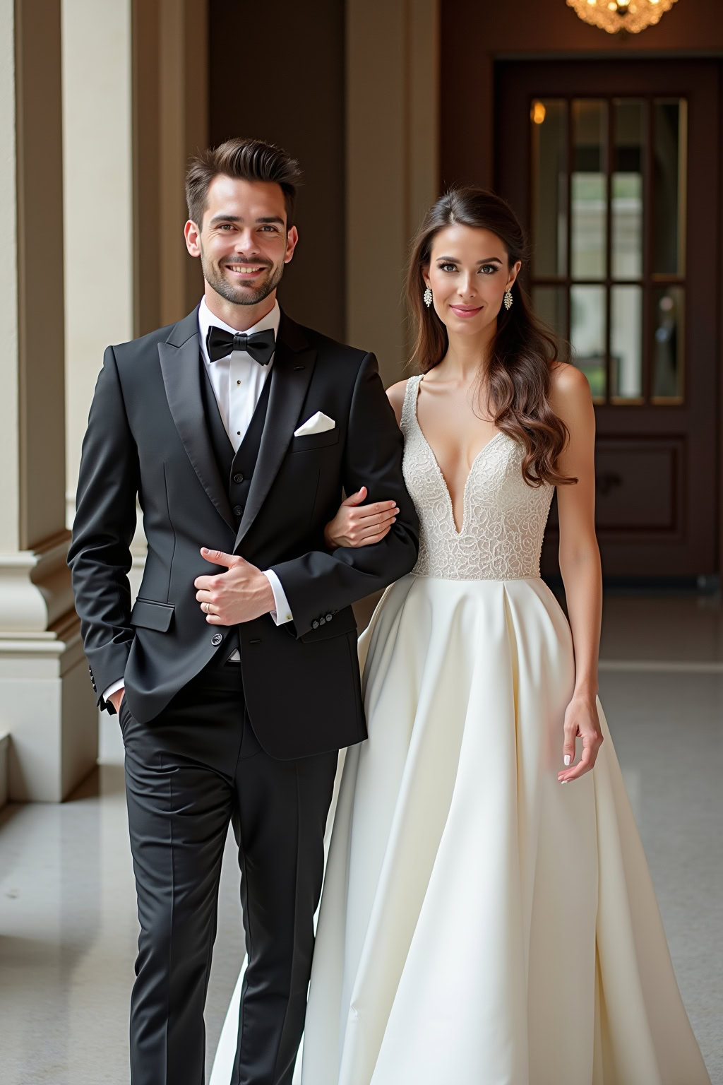 Elegantes Brautpaar im Hochzeitsoutfit, Männlicher Bräutigam in Smoking und weibliche Braut in weißem Brautkleid.