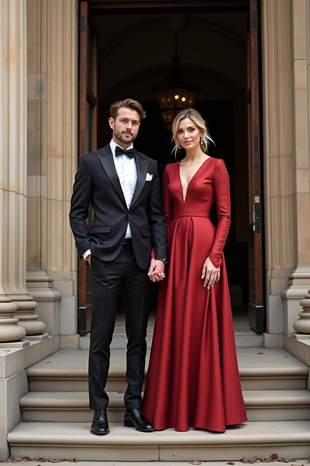 Elegantes Paar in Abendgarderobe vor historischem Gebäude, stilvoller Anlass, Mode, Luxus und Verführung.