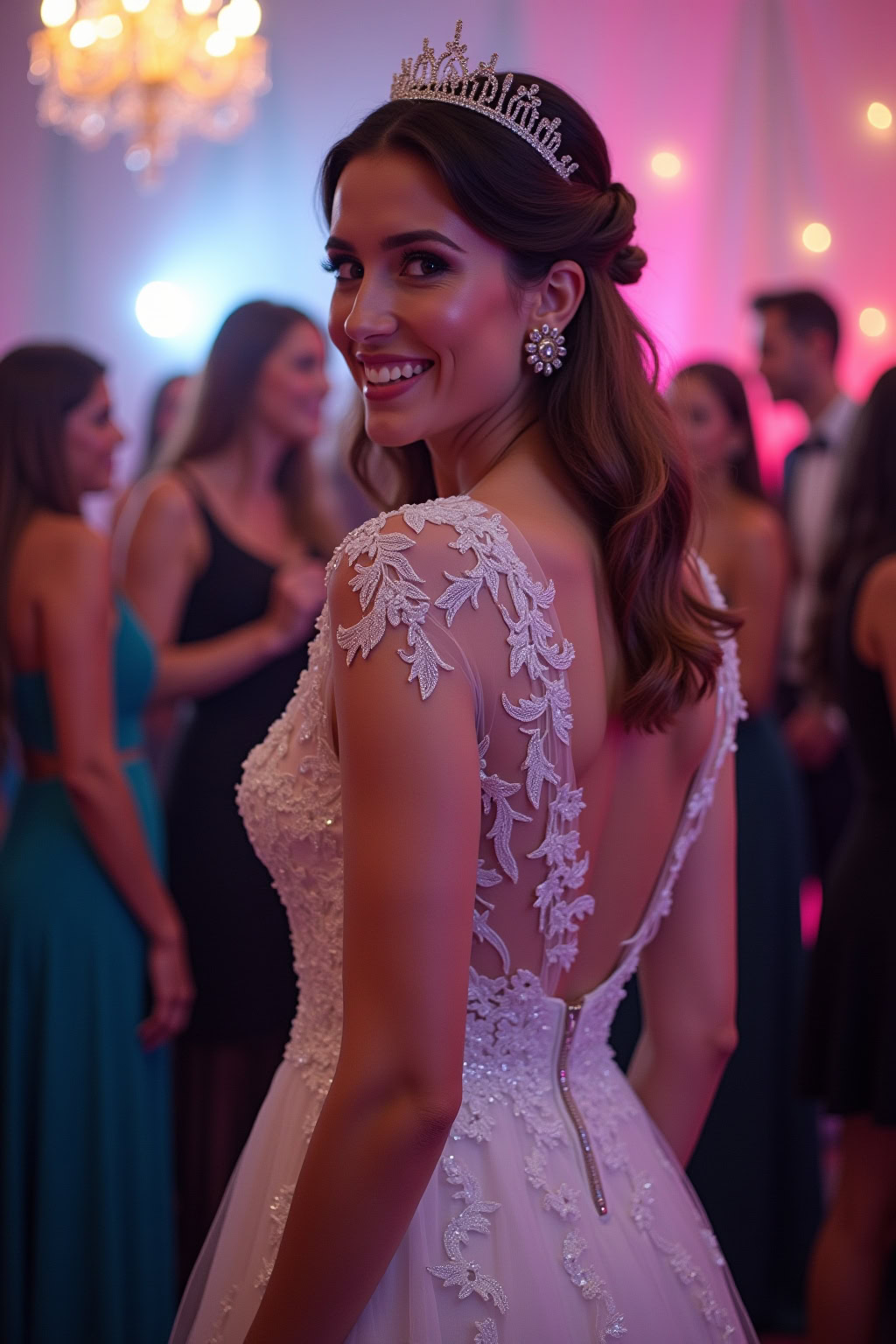 Hochzeit und Braut in eleganter Robe bei Event.