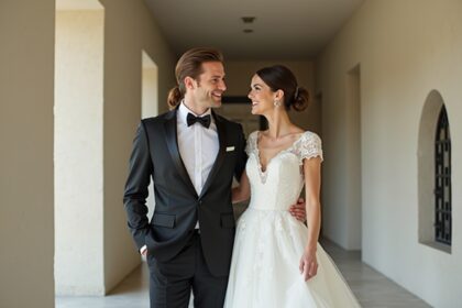 Lustiges Hochzeitsfoto von glücklichem Paar in eleganter Kleidung, romantischer Moment, Liebe, Heiratsfeier, stilvolle Hochzeit, Ja-Wort.