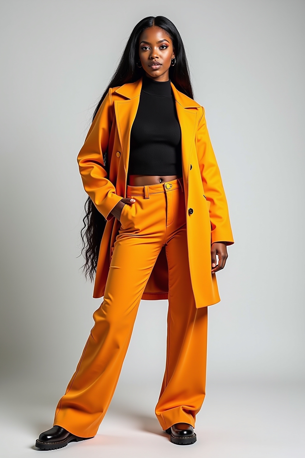 Stilvolle Frau in orange Mantel und Hosen, modisches Look für Fashion-Fans.