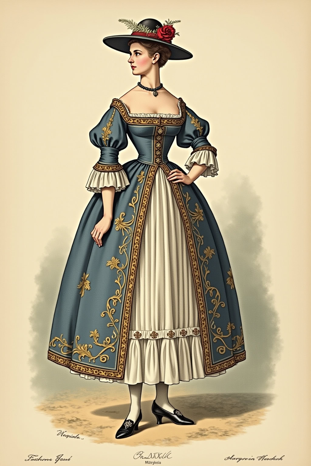 Elegante historische Tracht mit schweren Verzierungen, typisch für vergangene Epochen.