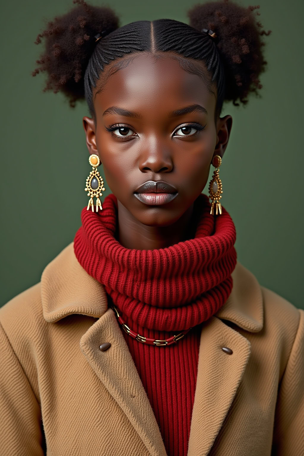 Stylisches Portrait einer schwarzen Frau mit lockigen Zöpfen und goldenen Ohrringen, trägt rote Wollmütze und beige Mantel.