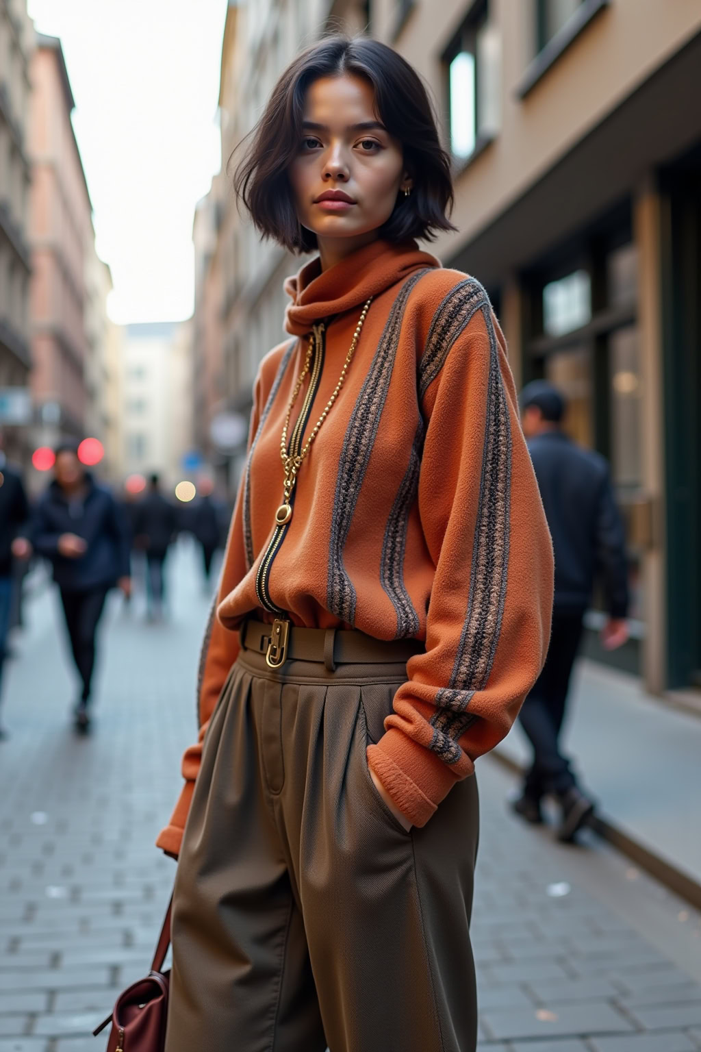 Stylische junge Frau in modischer Herbstjacke auf urbaner Strasse, Street Style, Mode, Fashion, Trend, City, Frauenmode.