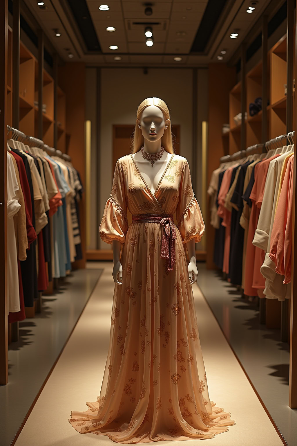 Modischer damenabendkleid im shopping mall mit kleider im hintergrund.