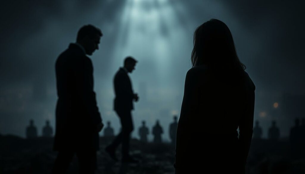 A dimly lit, moody scene depicting the "Herausforderungen und Kritik" faced by Gina-Lisa Lohfink and her partner La Missy. In the foreground, a couple stands back-to-back, shoulders slumped, as if weathering a storm. Shadows loom large, creating a sense of tension and adversity. The middle ground features blurred figures, representing the public's scrutiny and judgment. In the background, a hazy, abstract cityscape suggests the overwhelming nature of the challenges they face. Dramatic chiaroscuro lighting casts deep, dramatic shadows, emphasizing the weight of their struggles. The overall atmosphere evokes a sense of uncertainty, resilience, and the determination to overcome adversity.