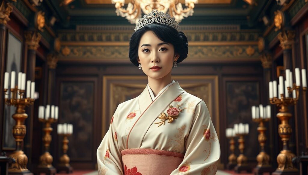 A formal, ceremonial portrait of Prinzessin Aiko, the heir apparent to the Chrysanthemum Throne, standing in a regal pose amidst the opulent interiors of the Imperial Palace. Aiko is dressed in an elegant kimono, her expression serene and dignified, conveyed through precise, photorealistic rendering under soft, directional lighting. The composition features the princess in the foreground, with the ornate architectural details and decorative elements of the palace setting visible in the middle and background, creating a sense of grandeur and tradition. The overall mood is one of reverence and solemnity, befitting the momentous occasion of the imperial succession.