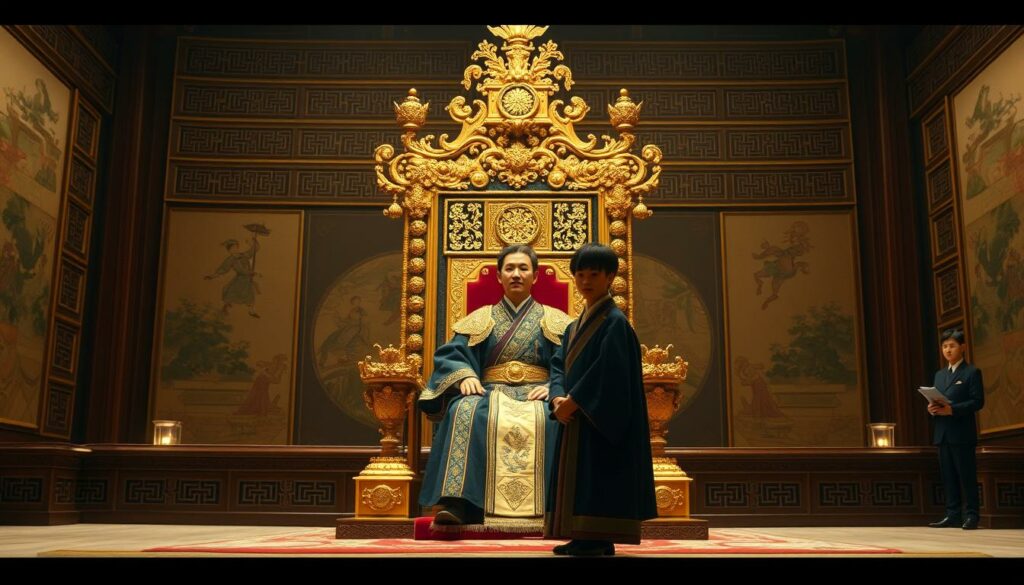 Majestätische chinesische Kaiser auf Thron in prunkvollem Palast, historische Szenen, königliche Zeremonie, prachtvolle Gewänder.