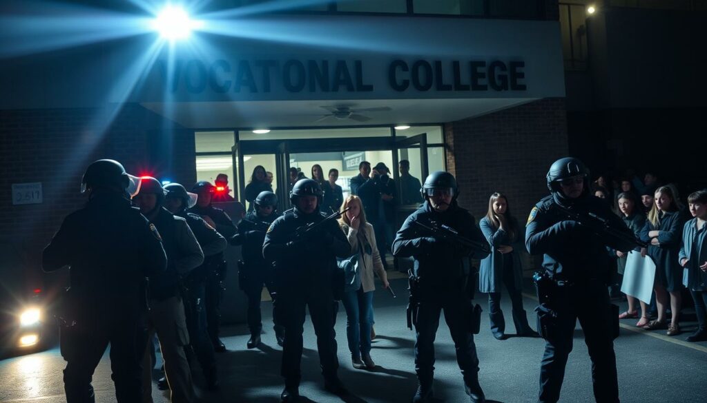 A gritty, high-tension scene of a police operation at a vocational college. In the foreground, a squad of heavily-armed officers in tactical gear surround the entrance, weapons drawn and ready to respond. Flashing emergency lights cast an ominous glow over the scene. The middle ground reveals students and staff evacuating the building, faces etched with fear and concern. In the background, a crowd of onlookers gathers, the atmosphere tense and uncertain. The lighting is dramatic, with sharp shadows and highlights emphasizing the gravity of the situation. Captured with a wide-angle lens to convey the scale and chaos of the event. Overall, a powerful, cinematic depiction of a police response to a crisis at an educational institution.