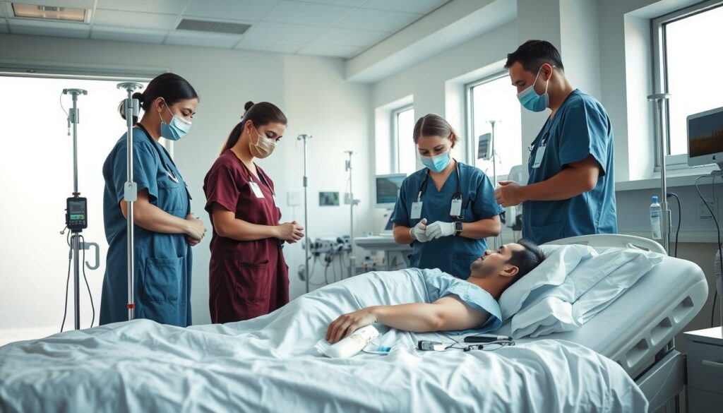 A hospital room with a calm, serene atmosphere. In the foreground, a patient lies on a hospital bed, receiving attentive medical care from a team of healthcare professionals. Their expressions convey a sense of concern and professionalism as they tend to the patient's wounds. The middle ground showcases various medical equipment, such as IV stands, monitors, and diagnostic tools, all working in harmony to provide the necessary treatment. The background features a clean, well-lit environment, with large windows allowing natural light to filter in, creating a sense of openness and tranquility. The overall scene conveys the importance of medical care and the dedicated efforts of healthcare providers in the aftermath of a violent incident.