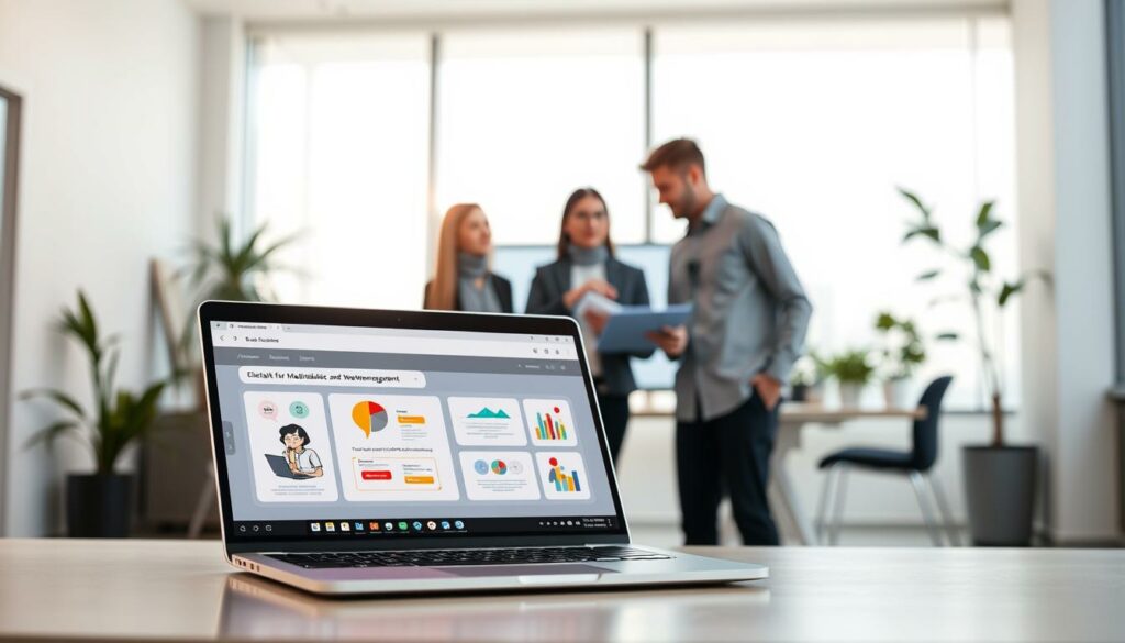 A modern, sophisticated digital learning solution set against a backdrop of a minimalist, light-filled office space. In the foreground, a sleek laptop displays an interactive, animated educational interface, its clean lines and vibrant colors inviting users to engage. In the middle ground, a group of young professionals collaborate around a large, high-resolution touchscreen, sharing insights and ideas. The lighting is soft and diffused, creating a warm, productive atmosphere. The overall scene conveys a sense of seamless integration between technology and learning, reflecting the expertise and innovative approaches of the Lehrstuhl für Mediendidaktik und Wissensmanagement.