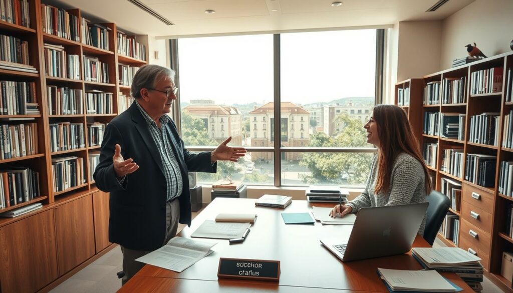 A spacious, sun-drenched office overlooking a bustling university campus. Shelves brimming with books and academic journals line the walls, while a large wooden desk sits at the center, neatly organized with papers, a laptop, and a name plaque that reads "Professor of Media Didactics and Knowledge Management." In the foreground, an experienced educator stands, gesturing animatedly as they engage in a one-on-one counseling session with a student, their faces illuminated by the warm glow of the overhead lighting. The room exudes an atmosphere of expertise, wisdom, and a genuine commitment to guiding the next generation of learners.