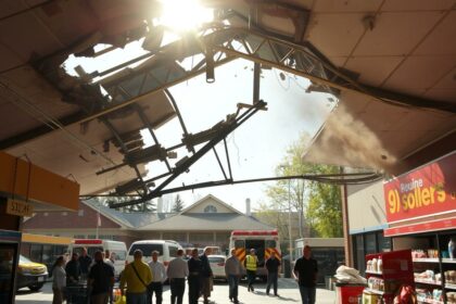 Glasbruch im Supermarkt nach Explosion, Feuerwehr und Einsatzkräfte vor Ort, Rettungsfahrzeuge im Einsatz, Einsatzbericht aktuell, dramatische Situation.