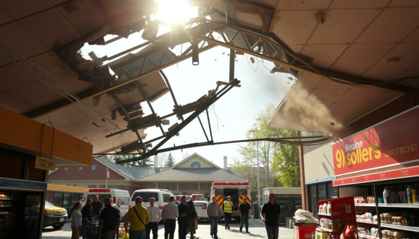 Glasbruch im Supermarkt nach Explosion, Feuerwehr und Einsatzkräfte vor Ort, Rettungsfahrzeuge im Einsatz, Einsatzbericht aktuell, dramatische Situation.