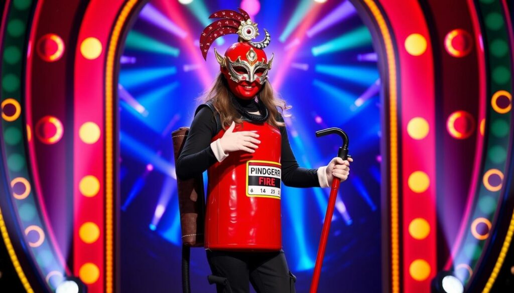 Feuerwehr-Kostüm mit Maske und Feuerlöscher, lustiger Karnevals- oder Fasching-Auftritt.