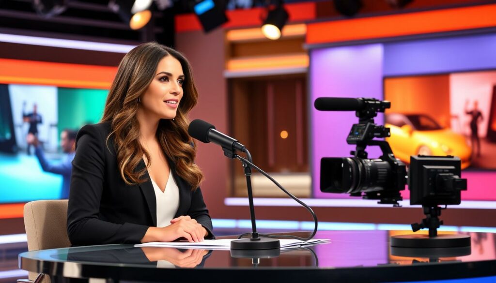 Portrait einer frau beim videodreh in einem modernen medienstudio, professionelle kamera und bunter hintergrund, typische arbeitsszene bei fhm online magazin, glamour, fashion, media, entertainment.