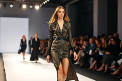 Elegant vegan Lederkleid auf Laufsteg, Fashion-Show bei FHM Online Magazin.