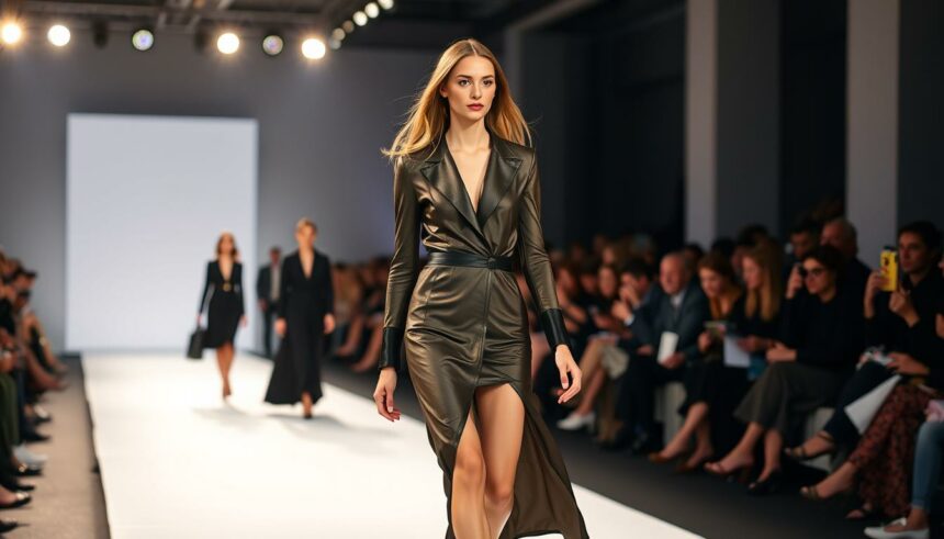 Elegant vegan Lederkleid auf Laufsteg, Fashion-Show bei FHM Online Magazin.