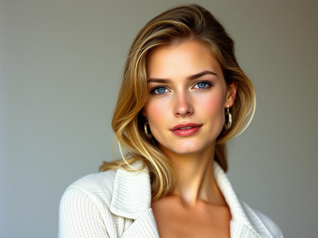 Blonde Frau mit blauen Augen, elegante Erscheinung, stilvolle Kleidung, modernes Beauty-Look, Porträt, Frau mit charmantem Lächeln.