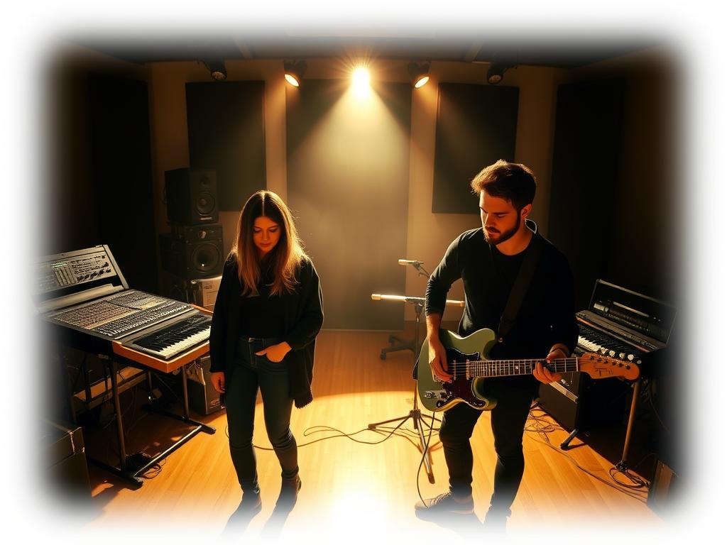 Aufnahme eines musikstudiogigs mit frau und mann, die mit gitarren und musikgeräten in einem professionellen studio performen.