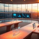 Serverraum mit futuristischen Hologrammen und Blick auf die Skyline bei Sonnenuntergang.