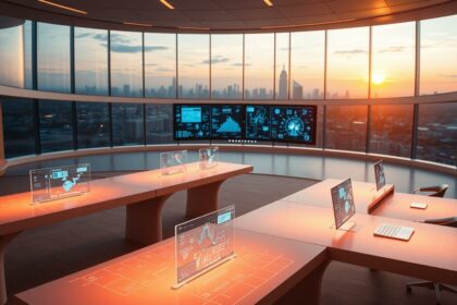 Serverraum mit futuristischen Hologrammen und Blick auf die Skyline bei Sonnenuntergang.