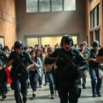 Polizisten in Schutzuniform laufen durch Schulgang, Schutzhelme und Waffen bereit.