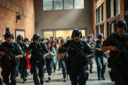 Polizisten in Schutzuniform laufen durch Schulgang, Schutzhelme und Waffen bereit.