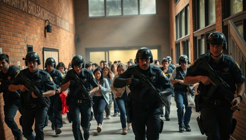 Polizisten in Schutzuniform laufen durch Schulgang, Schutzhelme und Waffen bereit.