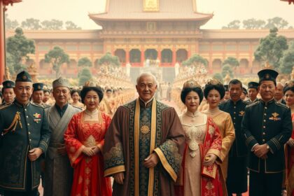 Frohes tropp mit chinesischer Elite in traditioneller Kleidung vor historischem Tempel.