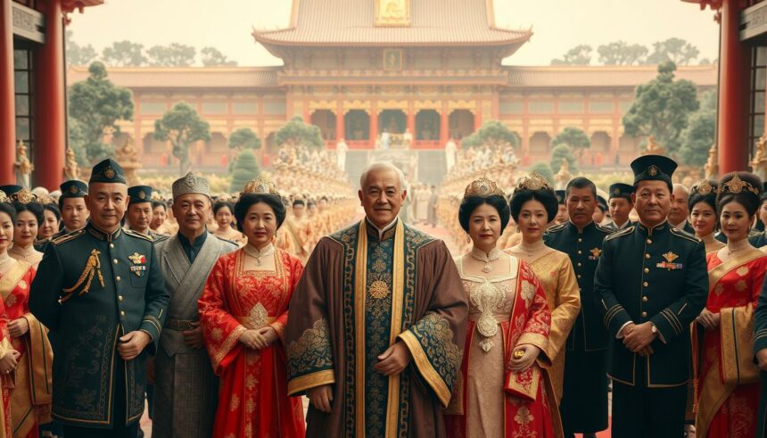 Frohes tropp mit chinesischer Elite in traditioneller Kleidung vor historischem Tempel.