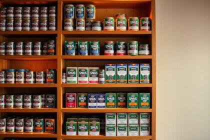 Vielzahl von SNUS-Produkten in Holzregal, Tabakfrei und kontaktiert, erhältlich in verschiedenen Geschmacksrichtungen.