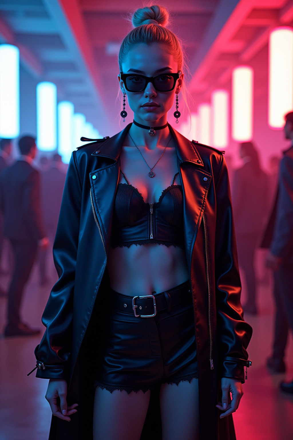 Blonde frau in schwarzem leathermantel und kinky-outfit auf party.