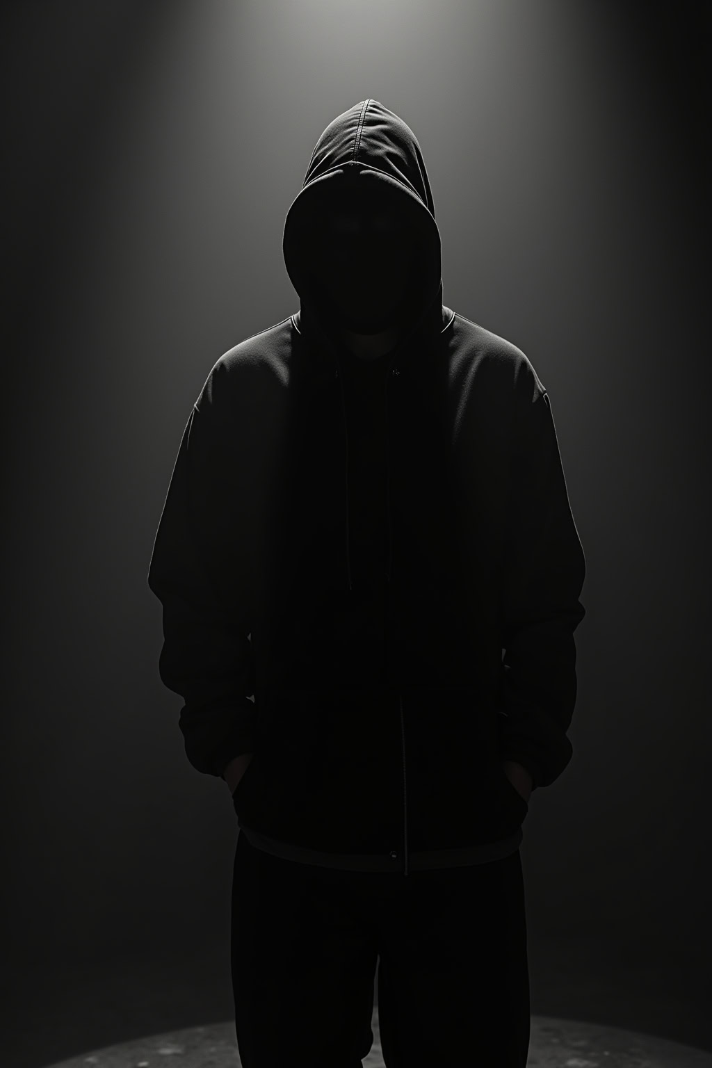 Schwarzer vermummter Mann in dunkler Hoodie, mystisch und anonym.