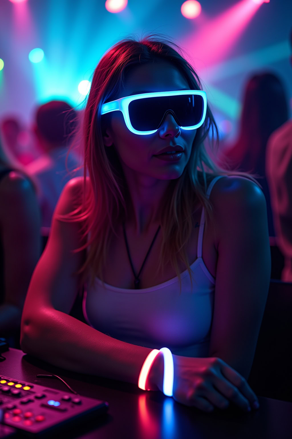 Futuristische Frau mit Neon-Brille beim DJ-Set in Club Atmosphäre.