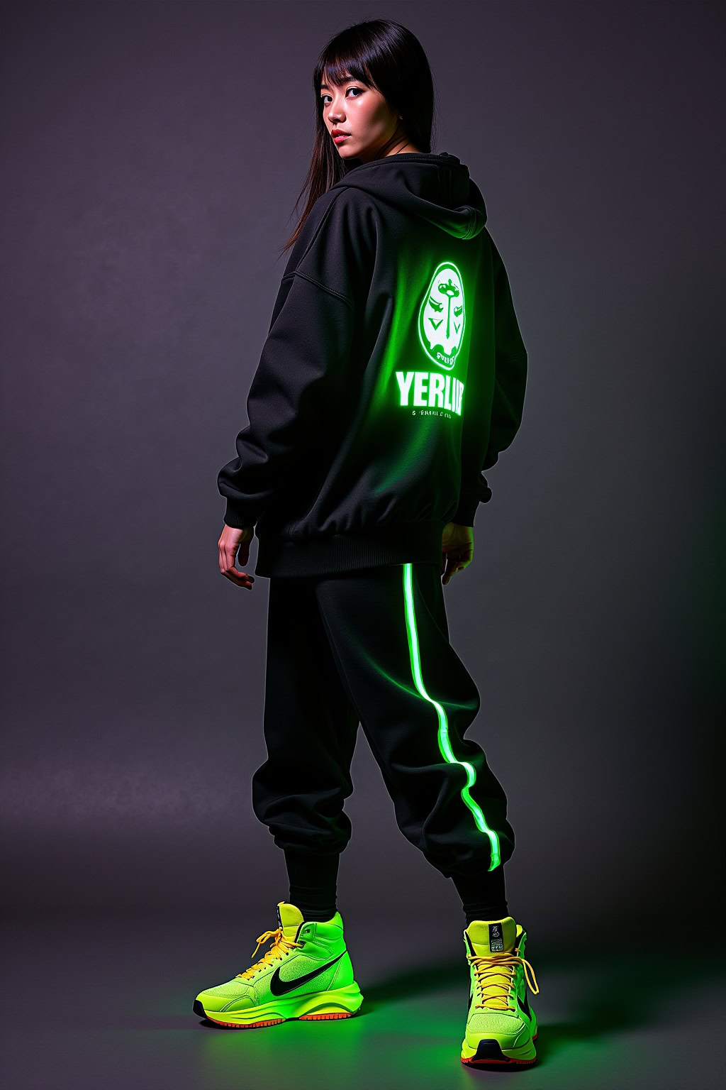 Neon-beleuchtete Sportbekleidung, moderne Streetwear mit leuchtenden Details, stylisch und trendig.